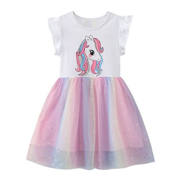 SXIMEE 2-7T Sequins Unicorn Birthday Party Princess Girl Dresses Flutter Sleeve Girls Tulle Tutu Dress