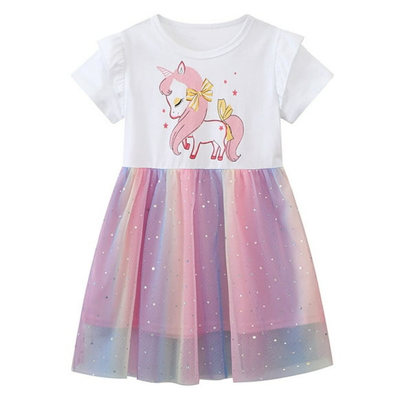 SXIMEE 2-7T Sequins Unicorn Birthday Party Princess Girl Dresses Short Sleeve Girls Tulle Tutu Dress