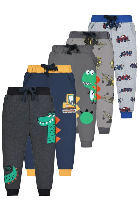 2-7T Toddler and Boys Joggers Cotton Sweatpants Kids Active Athletic Pants with Drawstring - 1 Pcs Dark Gray Dinosaur