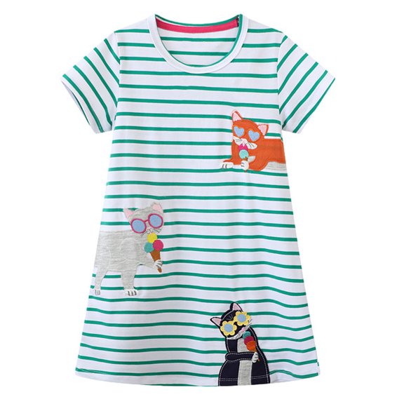 SXIMEE 2-7Y Toddler Girls Summer Dress Cotton Casual Short Sleeve Dresses Girls Sundress - Stripes Cat