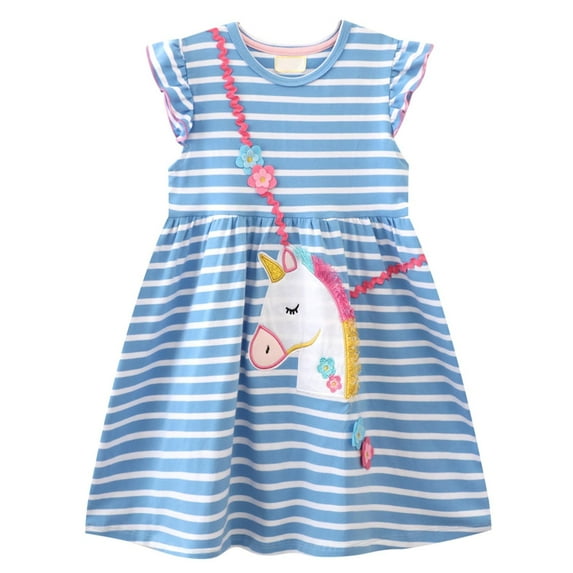 SXIMEE 2-7Y Toddler Girls Summer Dress Cotton Casual Stripes Unicorn Flutter Sleeve Dresses Girls Sundress