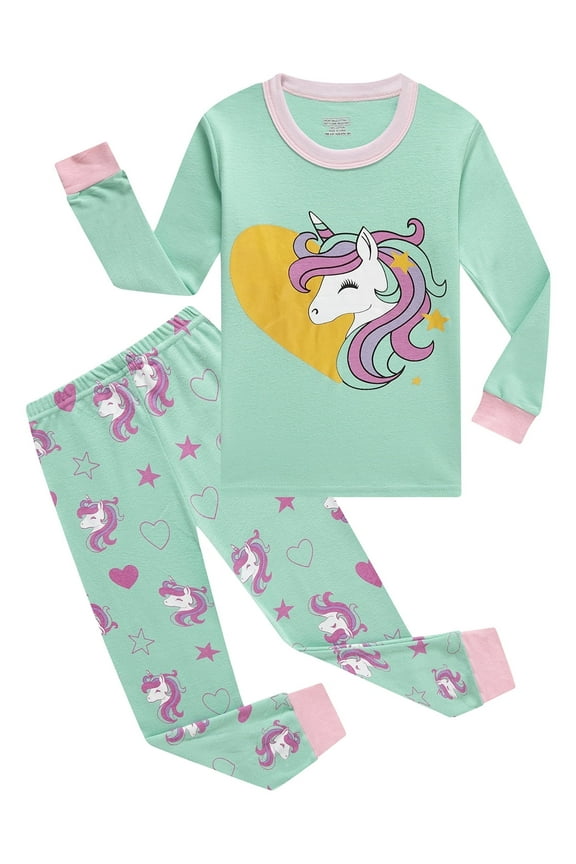 3-8T Long Sleeve Snug Fit Pajamas for Girls 100% Cotton Sleepwear,Tops and Pants 2-Piece PJ Set, Unicorn Pattern