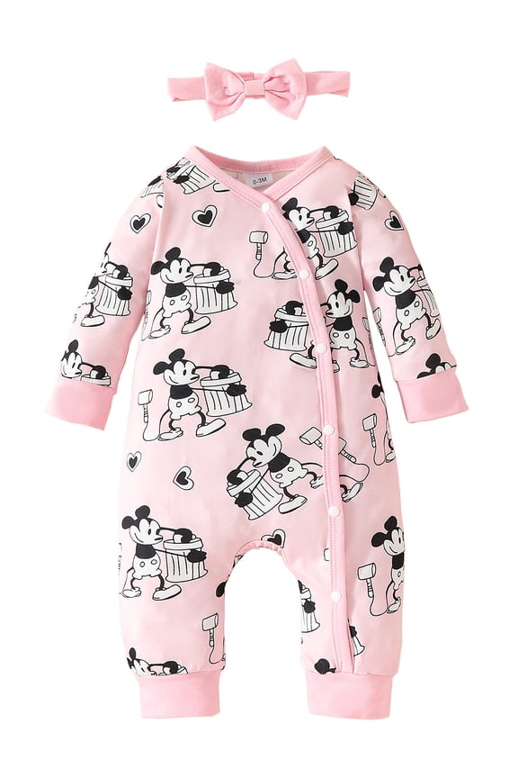 Baby Girl Long Sleeve Romper Cute Mouse Infant Outfits Newborn Snap Jumpsuit with Headband 0-18M
