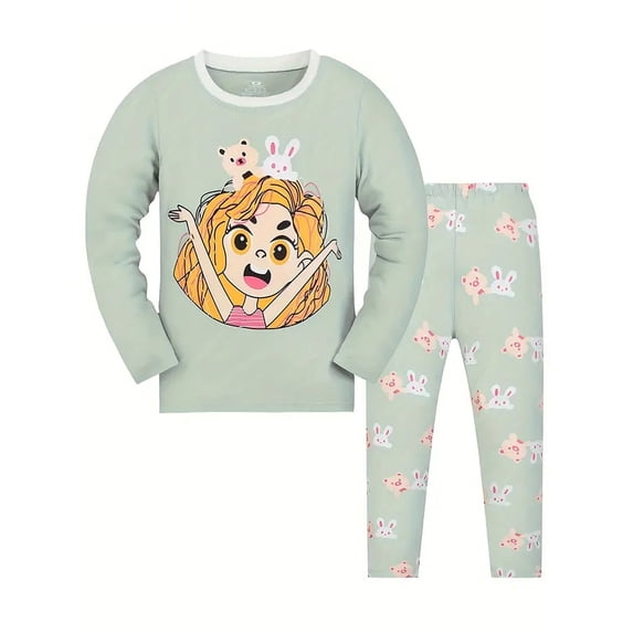 ATAIKU Little Girls Long Sleeve Pajamas 2 Piece Green Girl Pjs Set Kids Cotton Sleepwear 6 Years