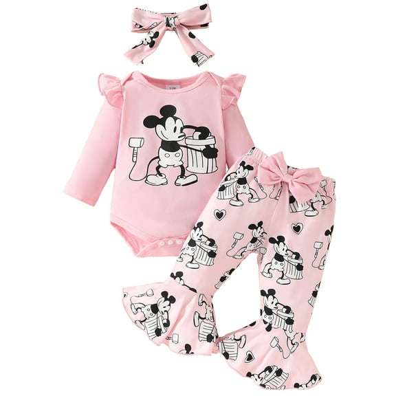 SXIMEE Newborn Baby Girl Clothes Cartoon Mouse Outfits Infant Long Sleeve Romper   Bell Pants   Headband Set
