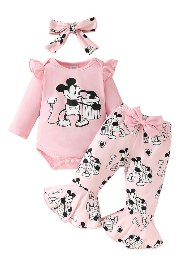 Newborn Baby Girl Clothes Cartoon Mouse Outfits Infant Long Sleeve Romper + Bell Pants + Headband Set
