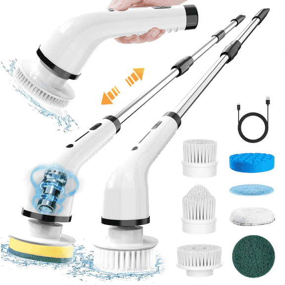 Cordless Electric Spin Scrubber, 2-Speed Power Cleaner with 8 Brush Heads, USB Rechargeable Shower Scrubber for Tub, Tile, Bathroom, Kitchen & Sink Cleaning