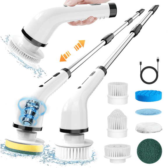 Cordless Electric Spin Scrubber, 2-Speed Power Cleaner with 8 Brush Heads, USB Rechargeable Shower Scrubber for Tub, Tile, Bathroom, Kitchen & Sink Cleaning