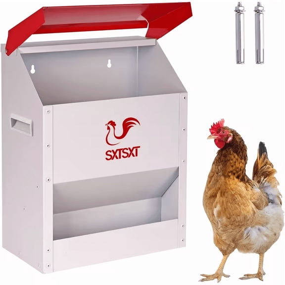 SXTSXT Heavy-Duty Metal, Weatherproof Gravity Chicken Coop Feeder with Hinged Lid, 10 lbs Tub