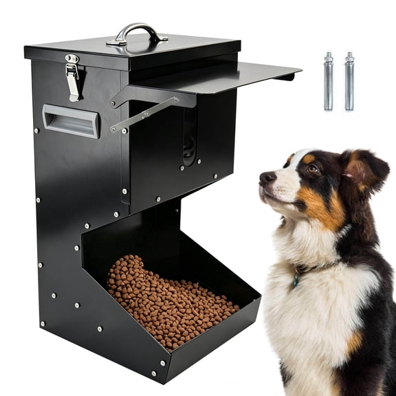 SXTSXT Portable Dog Food Storage Dispenser with Feeder, Airtight Pet Food Container, Outdoor Dog Food Bin, Black, 25 lbs Capacity