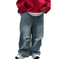 thumbnail image 1 of SXcggal Boys' Baggy Jeans Straight Leg Jeans With Pockets Elastic Waist Distressed Ripped Denim Pants With Holes， Cute Casual Lightweight Children Trousers, 1 of 8