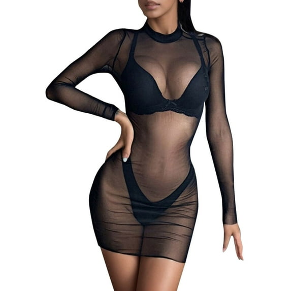 SXcggal Clubwear Long Mini Casual Tops Dress See Through Sleeve Crop Sheer Mesh Women's Sexy Intellectual Breathable Women Bodysuit