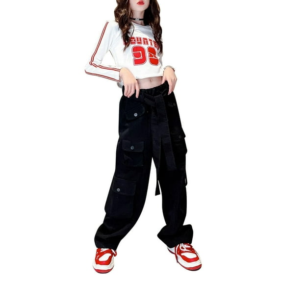 SXcggal Girls' Cargo Wide Leg Pants Autumn Big Kids' Pants Kids' Hop Pants Street Straight Pants Fashionable Leisure Girls Cargo pants