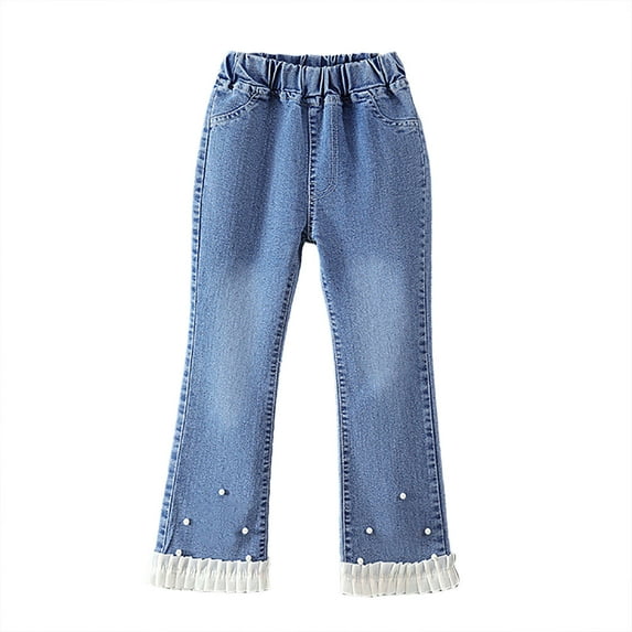 SXcggal Girls Pearl Bow Embroidered Jeans Wide Leg Flare Denim Pants With Elastic Waist For Toddler Kids Cute Casual Loosw Girls And Boys Trousers