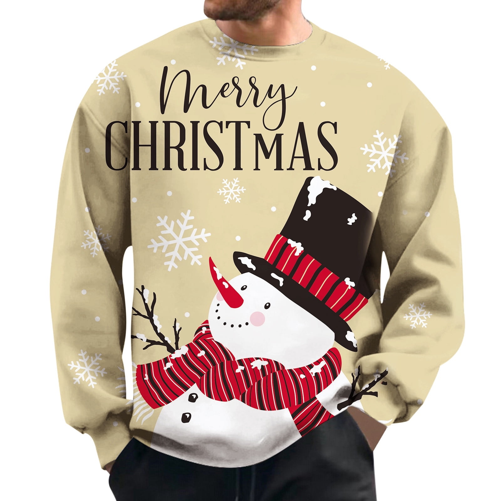SXcggal Men's Christmas Snowman Print Pullover Long Sleeve Round Casual ...