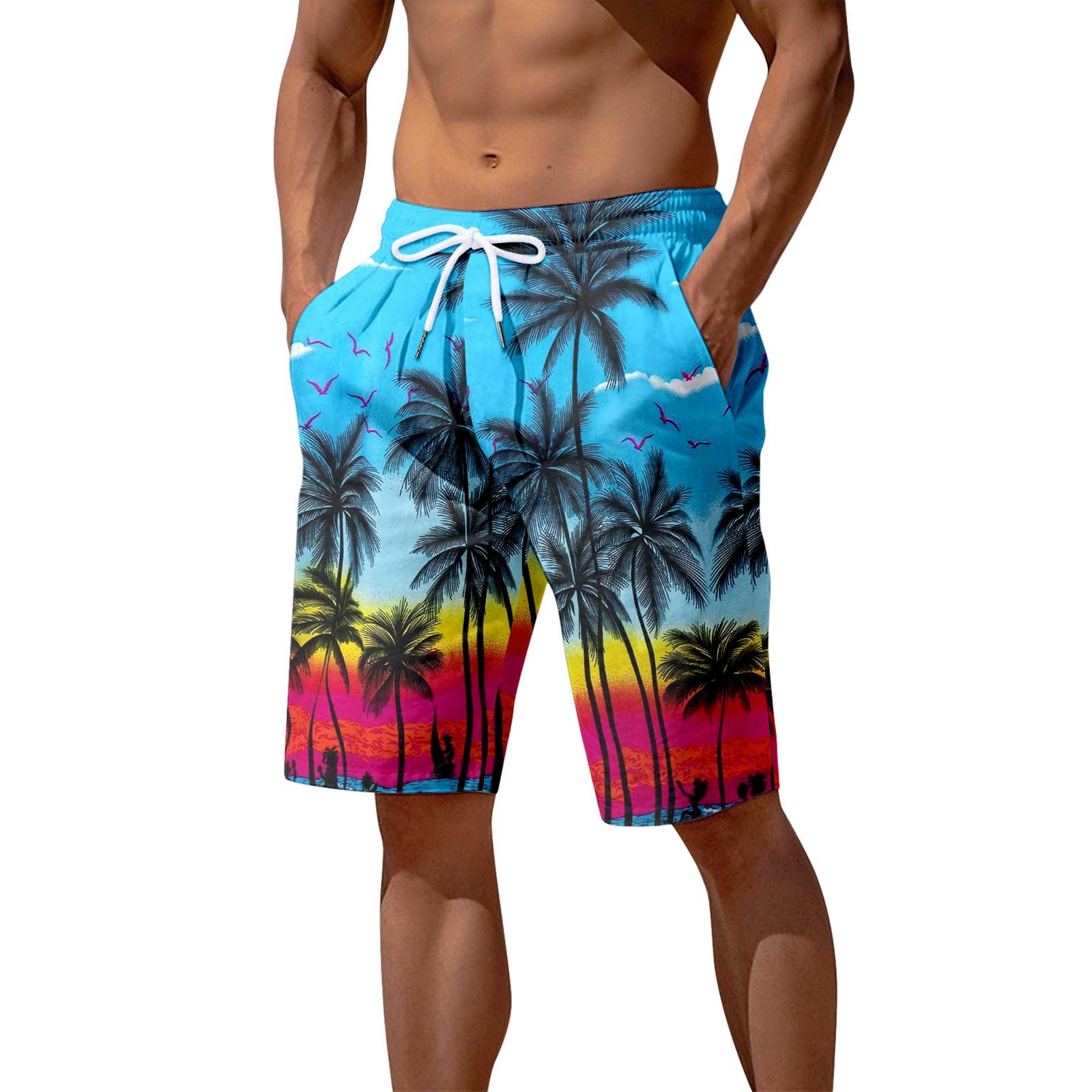SXcggal Mens Beach Pants 3D Printed Seaside Coconut Tree Sunset Printed ...