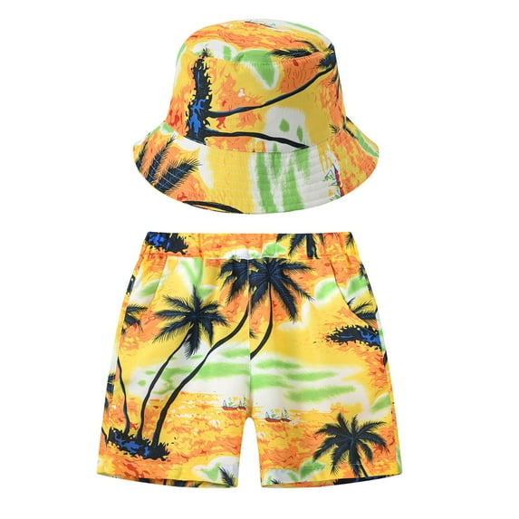 SXcggal Child Boys Girls Casual Style Floral Printing Shorts Summer Hawaii Holiday Beach Floral Pants Hat Set Fashionable Comfortable Handsome Trousers
