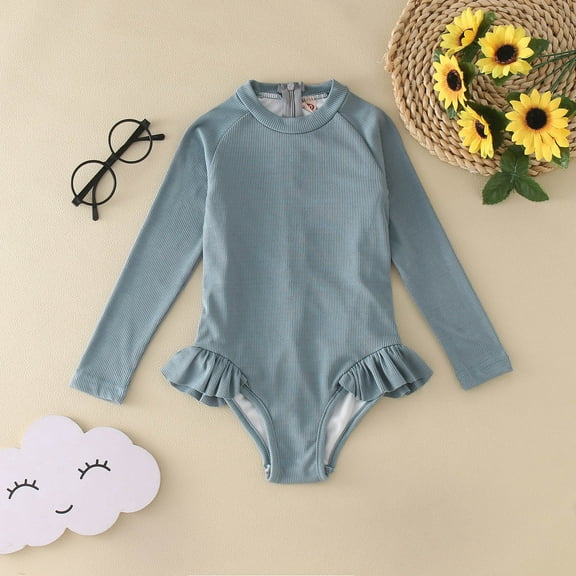 MQLKF Summer Toddler Girls Long Sleeve Solid Color Ruffles 1 Piece Swimwear Beach Onesie Swimsuit Bikini Breathable Cozy Stylish Girls Boys Swimsuit