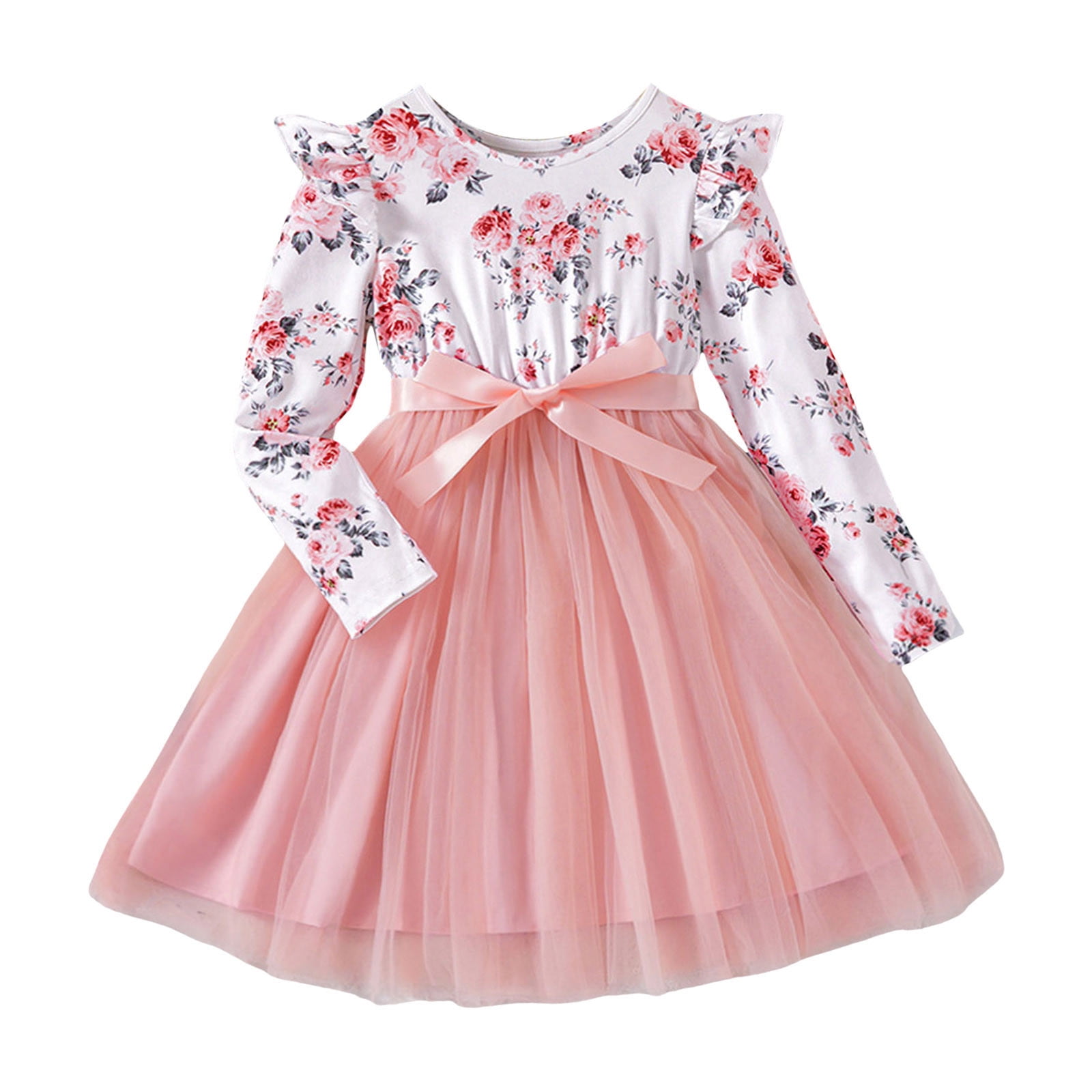 MQLKF Toddler Girls Long Sleeve Dress Floral Prints Tulle Dresses ...