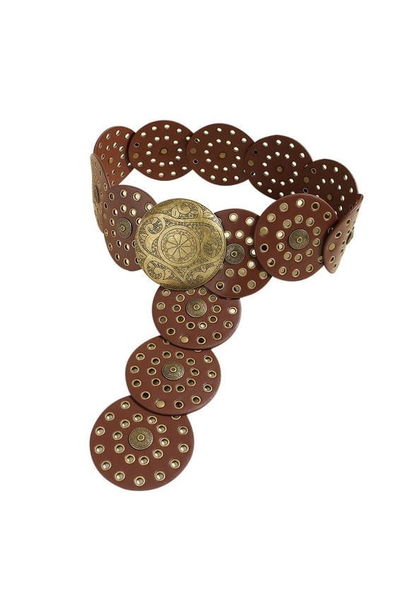 Vintage Western Style Women's Belt Exaggerated Round Hollow Metal Plated Wide Leather Belt