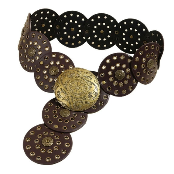 SXcggal Vintage Western Style Women's Belt Exaggerated Round Hollow Metal Plated Wide Leather Belt