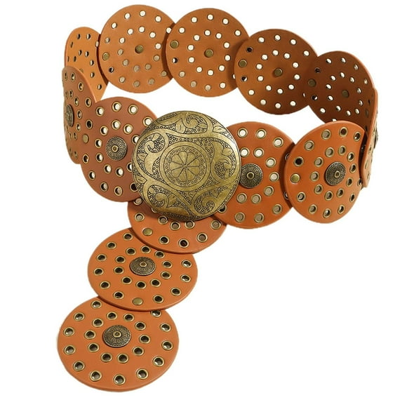 SXcggal Vintage Western Style Women's Belt Exaggerated Round Hollow Metal Plated Wide Leather Belt