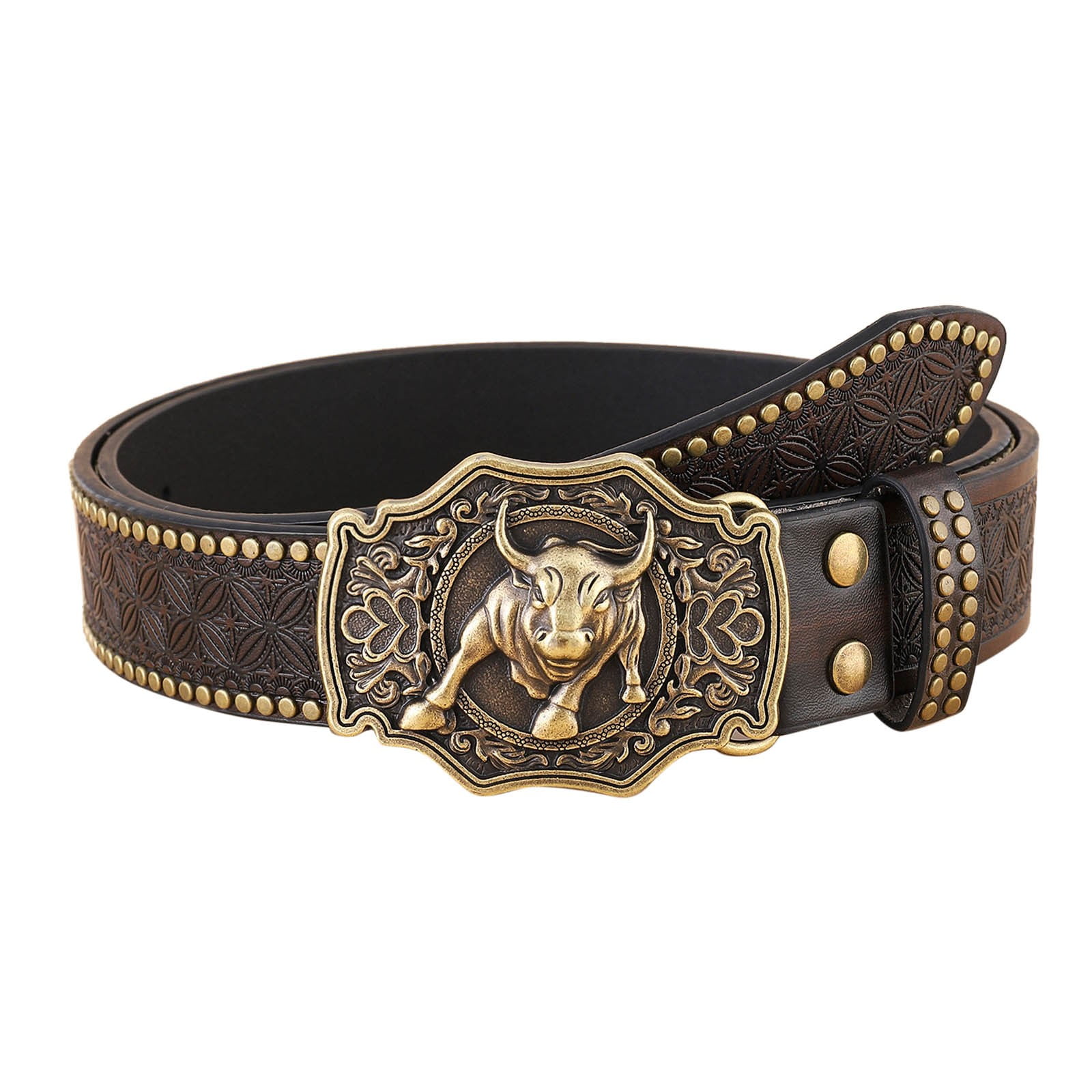 Western Cowboy Belt Leather Classic Bull Head Buckle Adjustable Snap Button SOLID Leather Belt With Bull Head Buckle. Western Cowboy  main image 2