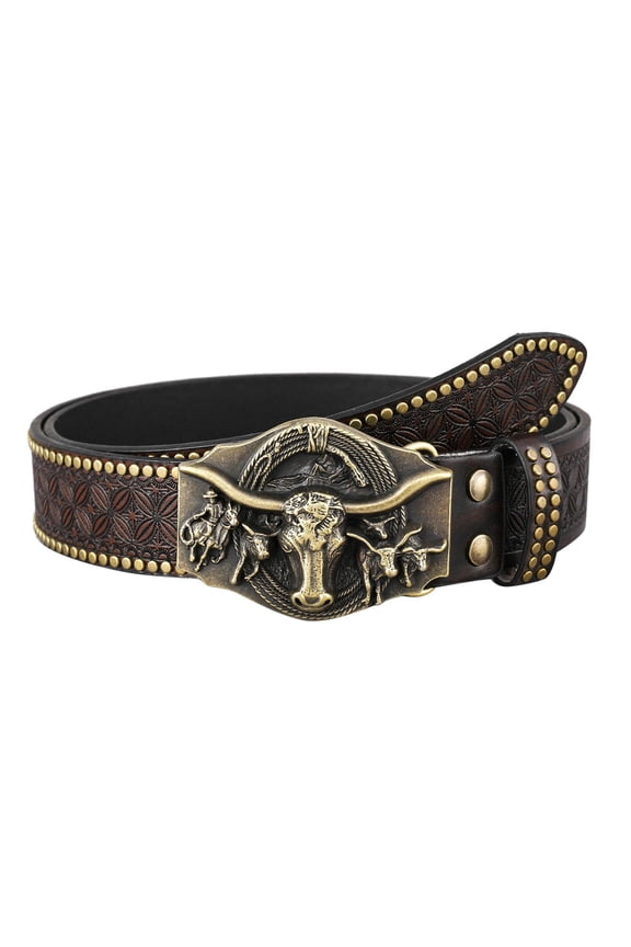 Western Cowboy Belt Bull Head Big Buckle Trend Retro Youth Retro Men's Punk Leather Belt Casual Stylish For Pants