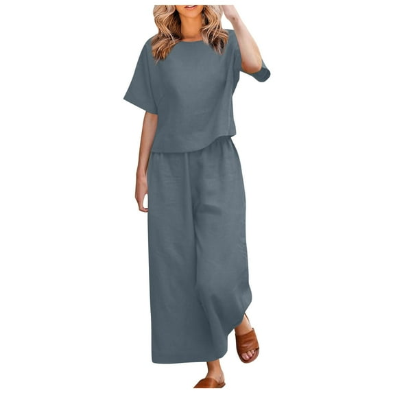 SXcggal Women 2 Piece Linen Outfit Sets Cotton Short Sleeve Shirt Wide Leg Trousers Pant Two Pieces Tracksuit Leisure Elegant Fashionable Women's Pants Set