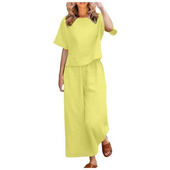 SXcggal Women 2 Piece Linen Outfit Sets Cotton Short Sleeve Shirt Wide Leg Trousers Pant Two Pieces Tracksuit Leisure Elegant Fashionable Women's Pants Set