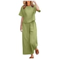 thumbnail image 1 of SXcggal Women 2 Piece Linen Outfit Sets Cotton Short Sleeve Shirt Wide Leg Trousers Pant Two Pieces Tracksuit Leisure Elegant Fashionable Women's Pants Set, 1 of 5