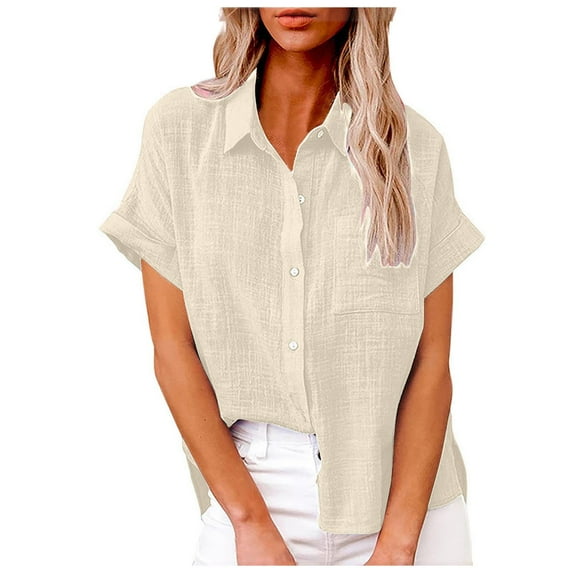 SXcggal Women Casual Solid Color Linen Shirt Short Sleeve Casual Loose Shirt Comfortable Casual Elegan Fashionable Women's Short Sleeve Top