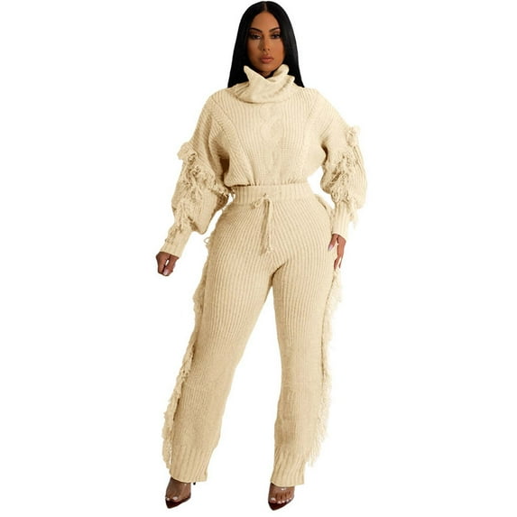 SXcggal Women's Fashionable Casual Solid Color Knitted Long Sleeve Turtleneck Fringe Sweater Set Leisure Elegant Comfortable Women's Pants Set