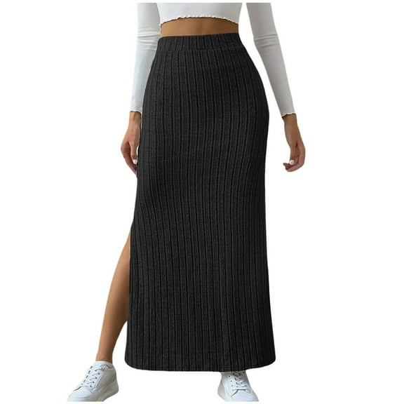 SXcggal Women's High Waist Stretchy Rib Knit Split Slit Hem Midi Pencil Skirt Fashionable Comfortable Distinctive Women's Skirt