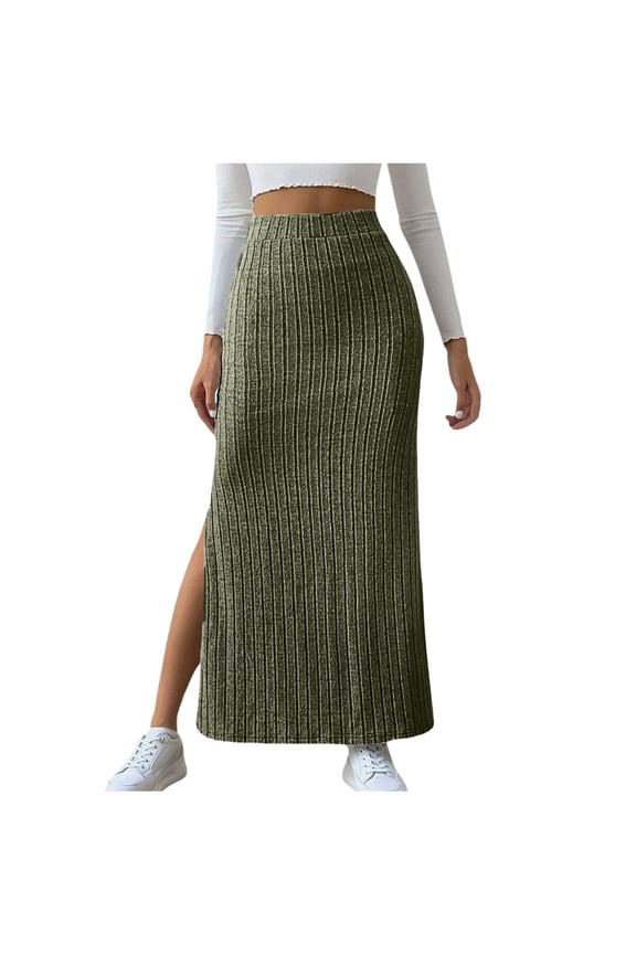 SXcggal Women's High Waist Stretchy Rib Knit Split Slit Hem Midi Pencil Skirt Fashionable Comfortable Distinctive Women's Skirt