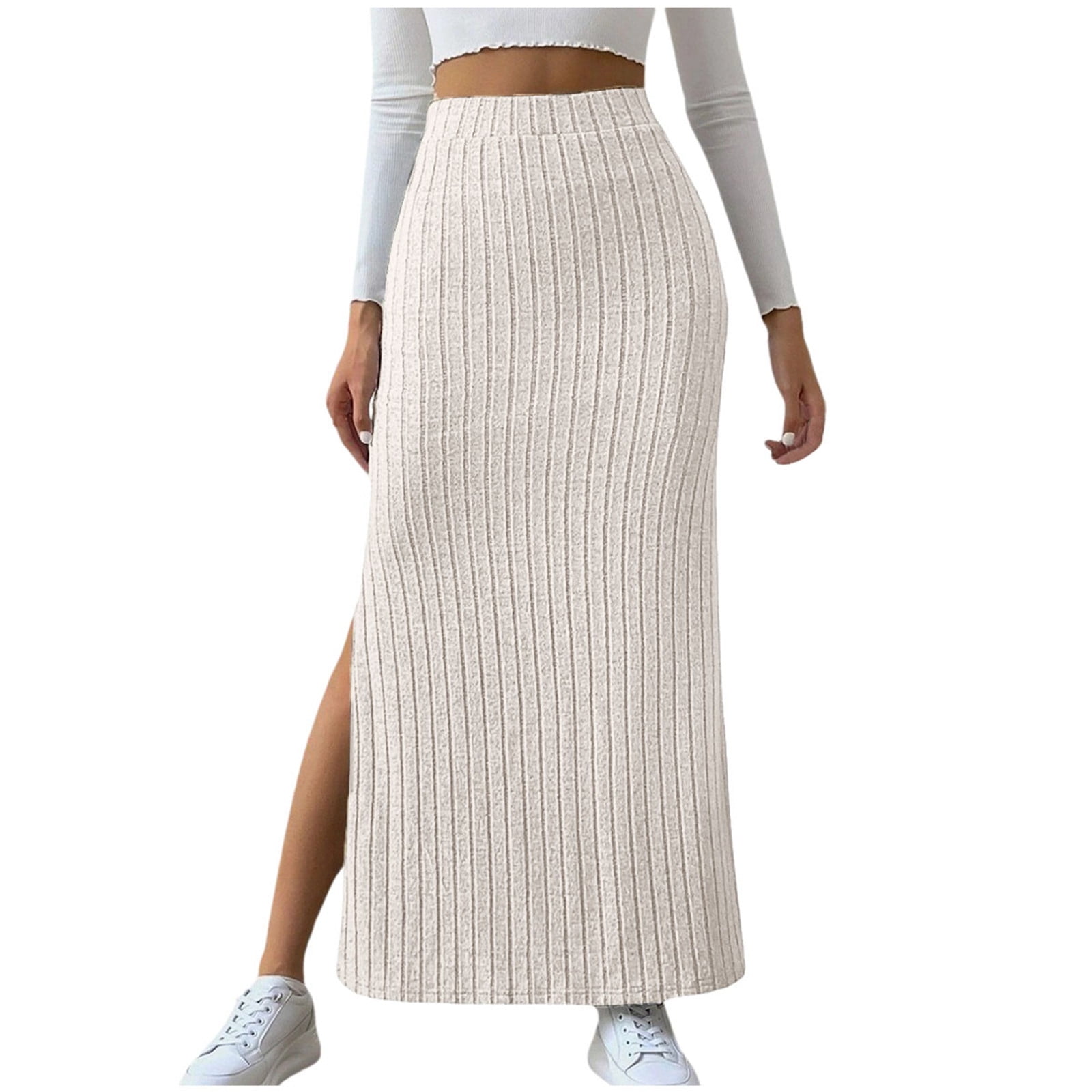 TheMogan Women's S~3X Side Slit Ponte Knit High Waist Mid