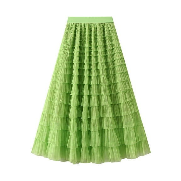 SXcggal Women's A Line Pleated Skirt Long Tutu Skirt Ruffle Mesh Vintage Calf Length Chiffon High Waist Bubble Skirt Fashionable Comfortable Casual Women's Skirt