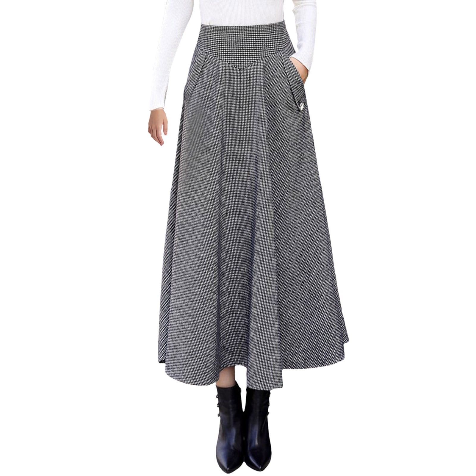 Winter Women High Waist Elegant A-Line Thick Knit Pleated Stripe Black Skirts