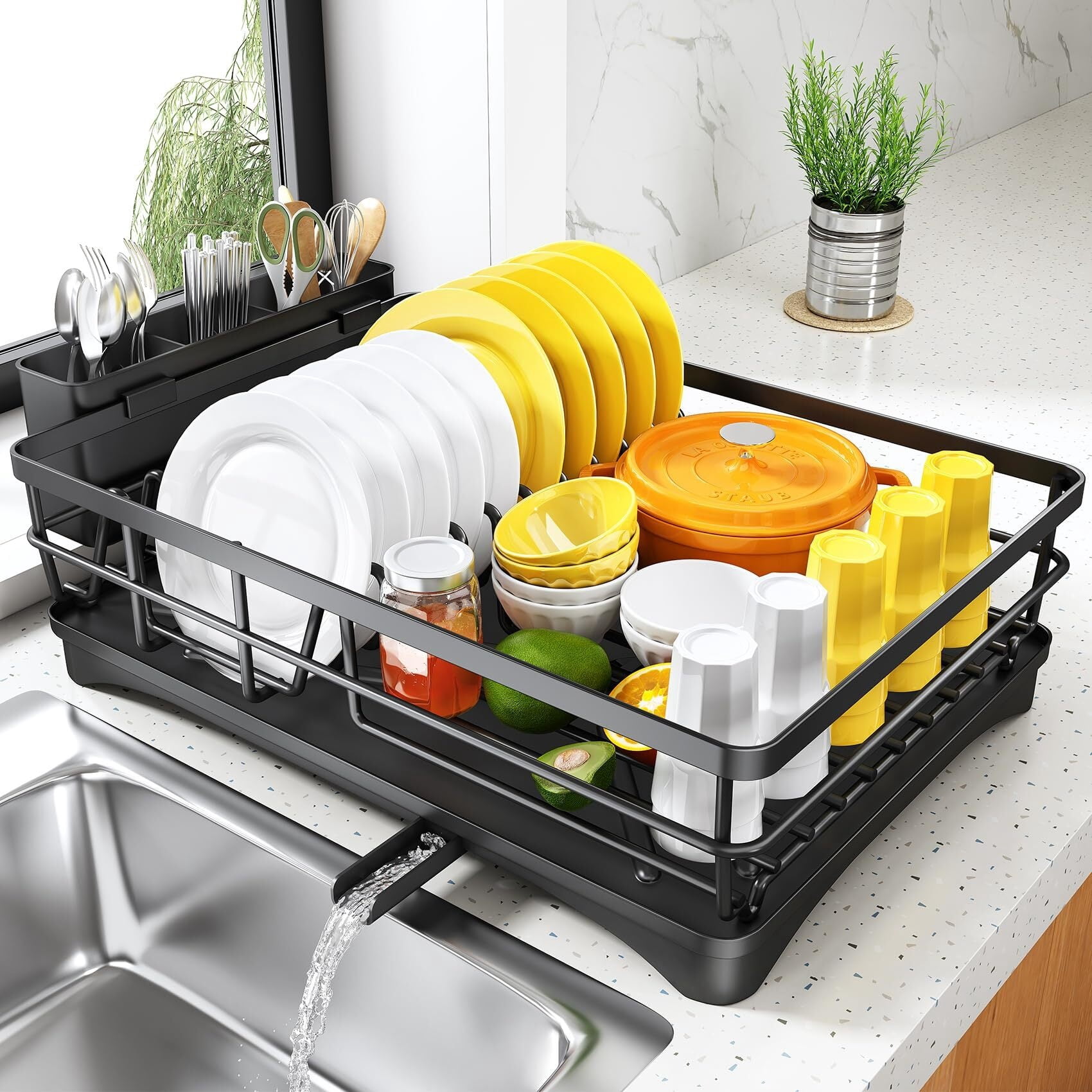 SXlianshun Dish Drying Rack for Kitchen Counter - Large Dish Rack with Drainboard, Rustproof Dish Drainer with Utensil Holder for Sink
