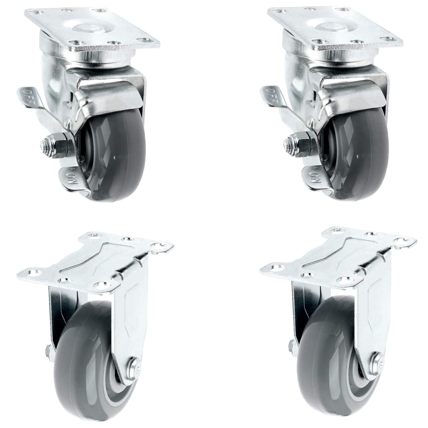 SY America 3" 4 Pack Caster w/ Gray Polyurethane Wheel Top Annular Plate, Top Plate Caster, 1200 lbs Total Capacity (3 inches pack of 4, 2 Swivel w/ Brakes & 2 Rigid)