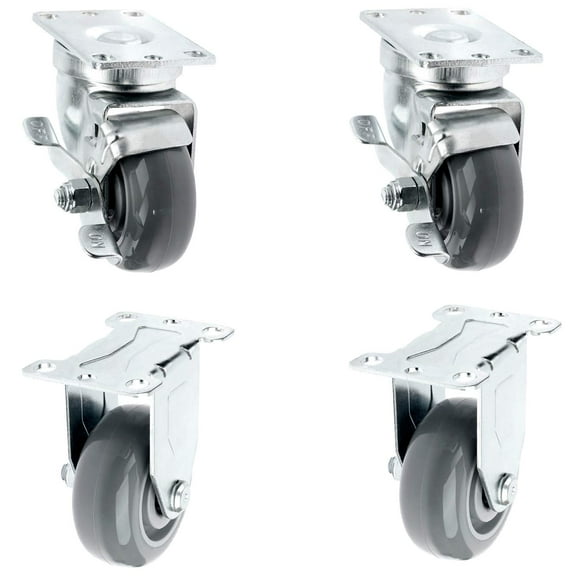 SY America 3" 4 Pack Caster w/ Gray Polyurethane Wheel Top Annular Plate, Top Plate Caster, 1200 lbs Total Capacity (3 inches pack of 4, 2 Swivel w/ Brakes & 2 Rigid)