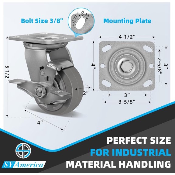 SY America 4 Inch Heavy Duty Caster Wheels with Brakes, Non-Marking TPR Industrial Casters for Warehouse Hospital Hotel