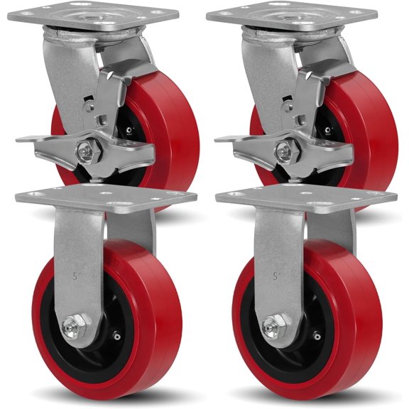 SY America 5" X 2" Caster Wheels, Heavy Duty Industrial Casters,Polyurethane on Polyolefin Core Wheel,Top Plate 4" x 4.5", 2 Rigid 2 Swivel w/Top Lock Brake,3200 LBS Load CapacitySet of 4