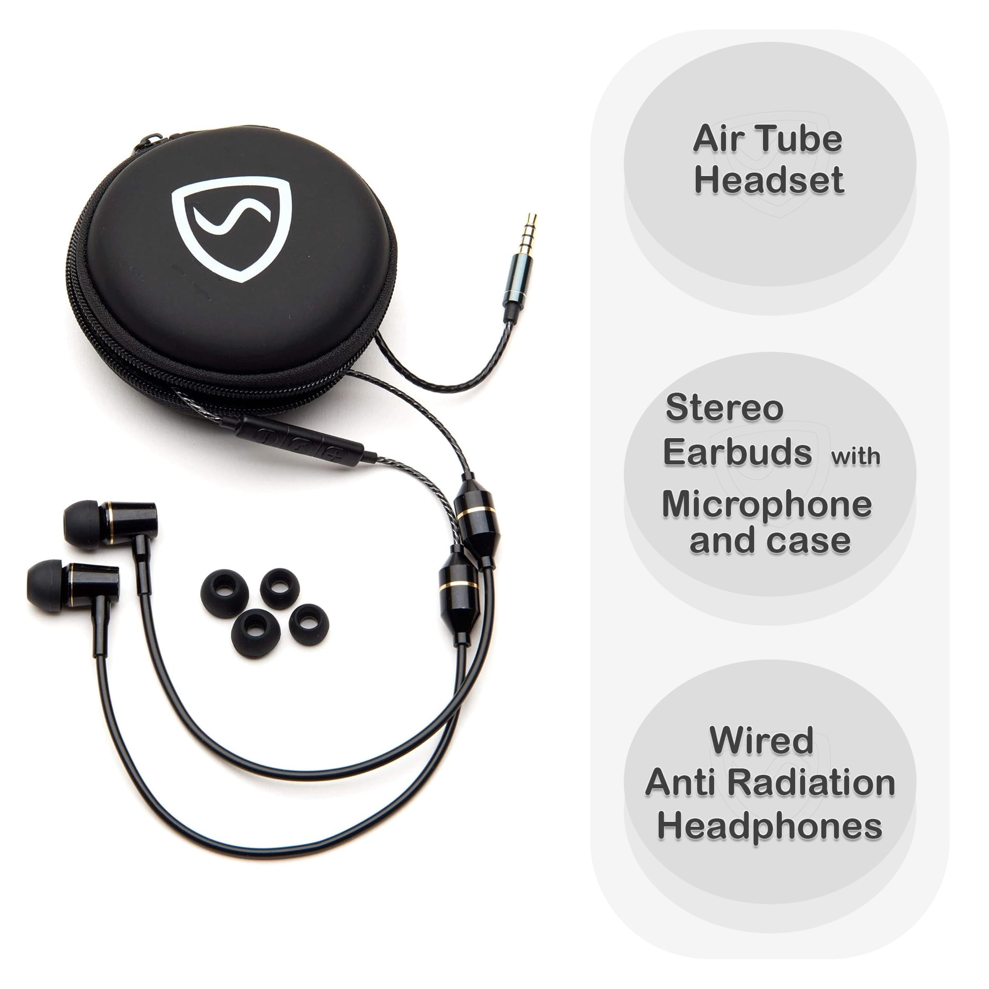 SYB Air Tube Stereo Anti-Radiation Headset, EMF Protection (Black, In-Ear)