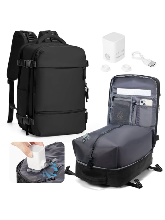 Air Vacuum Travel Backpack for Women, Hiking Compression Vacpack for Men, Waterproof Personal Item Travel Bag with Air Pump, Flight Approved Underseat Carry-on Bag, Black