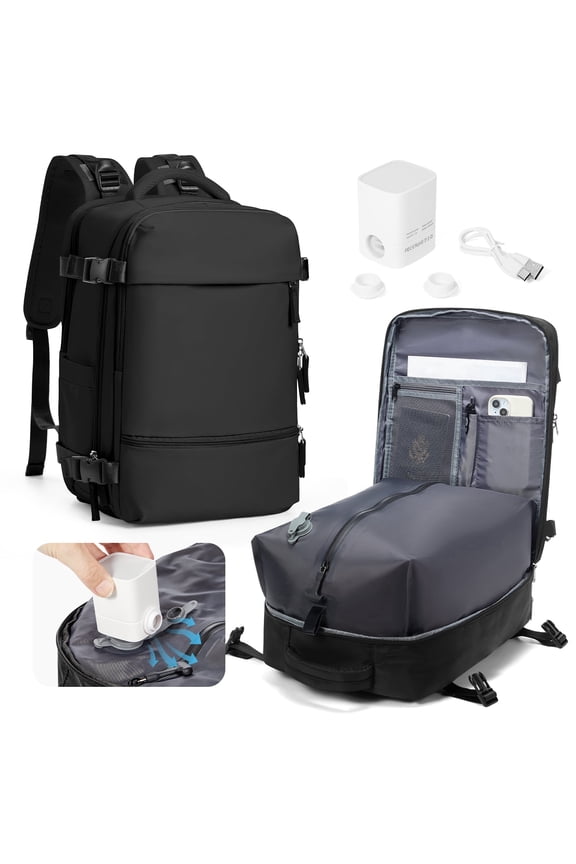 Air Vacuum Travel Backpack for Women, Hiking Compression Vacpack for Men, Waterproof Personal Item Travel Bag with Air Pump, Flight Approved Underseat Carry-on Bag, Black