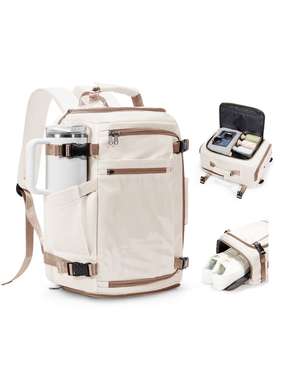 Travel Backpack for Women & Men with Large Capacity, Airline Approved Carry On Personal Item Bag for Travel Business Trips, 3-Way Carry Weekender Overnight Laptop Bag Fit for 15.6", Beige Brown