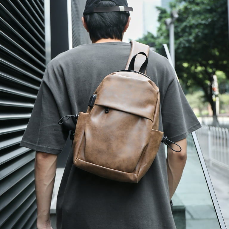 Brown Mens Sling Backpack Leather Sling Bag for Men Single 