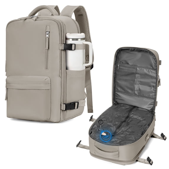 SYCNB Large Air Seal Travel Backpack for Men & Women, Airline Approved Vacuum Compression, Water-Resistant with Pump & Usb Port, 16 inch Laptop, Gray Brown
