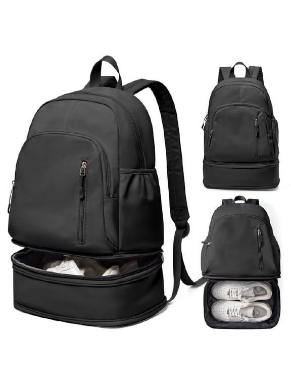 Gym Backpack with Shoe Compartment, Waterproof Lightweight Sport Bag for Men & Women, Casual Travel Swimming Bag, Black